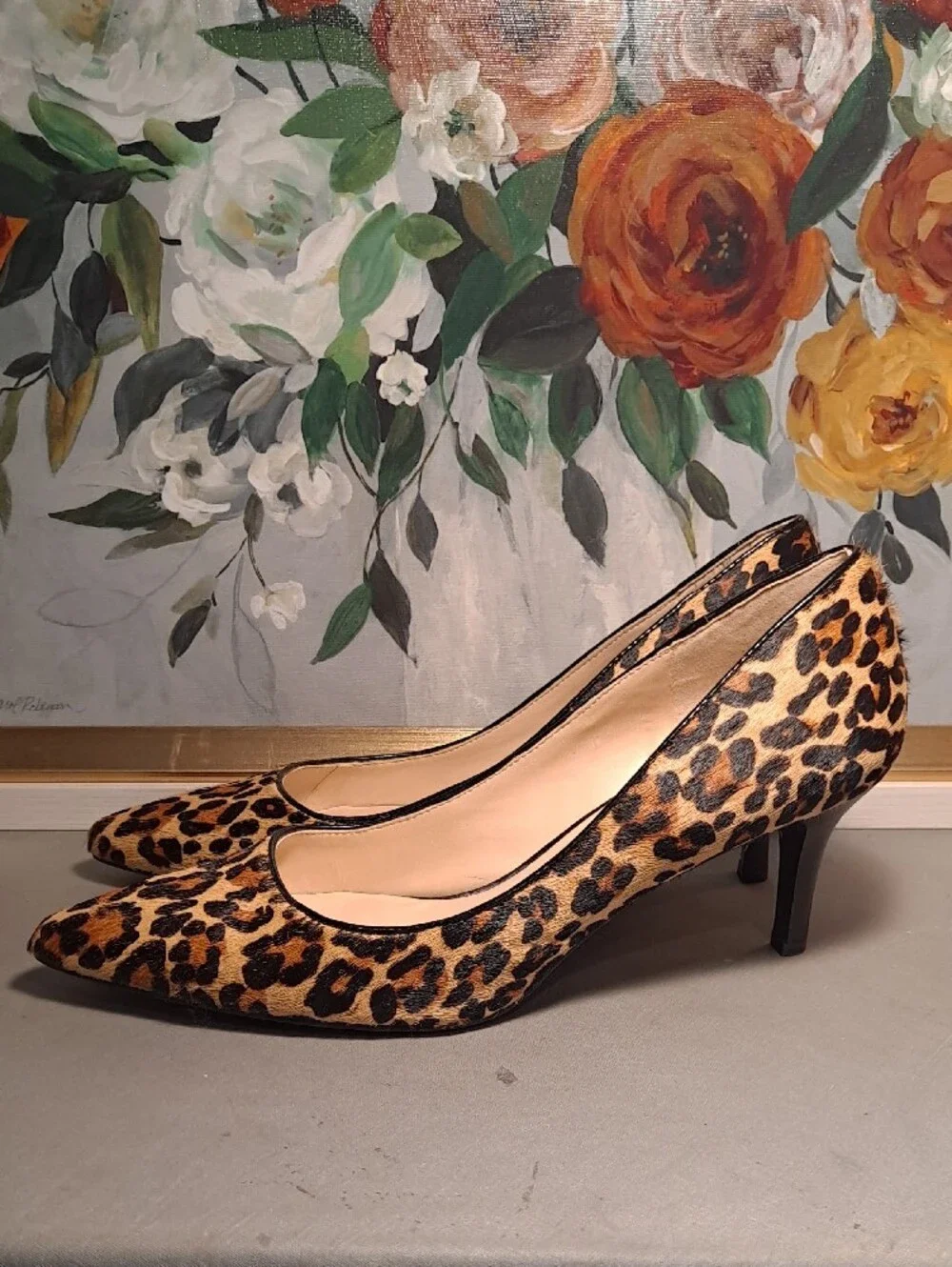 Nine West Elise Hair-on Fur Leopard-Print Pointed Toe Pumps Tan/Black 9.5 Shoe